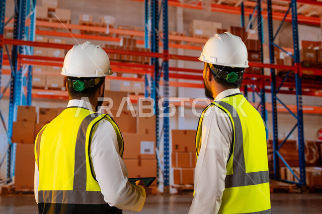 بضائع ومنتجات عربية سعودية خليجية, تصوير من الخلف لمدير ترتيب وتنظيم المستودعات المحلية ومهندس عربي سعودي خليجي، خلفية صناديق وكراتين مغلفة،استخدم التقنية والتكنولوجيا لتسجيل الحسابات وجرد البضائع في المستودع