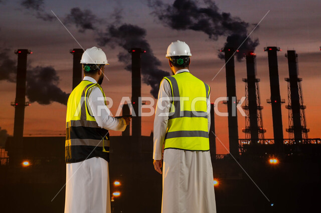  صيانة وتصليح المعامل السعودية، صورة من الخلف لمهندسين عربيين خليجيين سعوديين يرتديان الخوذة وسترة الحماية الخاصة، مراقبة عمل المصنع من الخارج، دمج التقنية والتكنولوججيا مع البيئة العملية, خلفية مصانع متطورة حديثة.