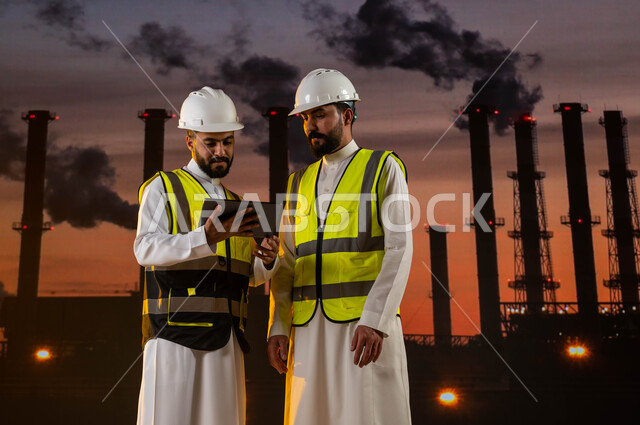 Management and supervision of local factories and products. Two Saudi Arabian Gulf industrial engineers monitor the factory's work from abroad using a portable tablet. Maintenance and repair of Saudi laboratories, the background of modern, advanced factor