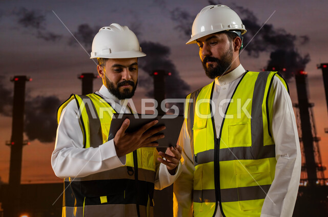 صيانة وتصليح المعامل السعودية، الإدارة والإشراف على المصانع والمنتجات المحلية, مهندسان صناعيان عربيان خليجيان سعوديان يقومان بمراقبة عمل المصنع من الخارج باستخدام جهاز التابلت المحمول, خلفية مصانع متطورة حديثة.