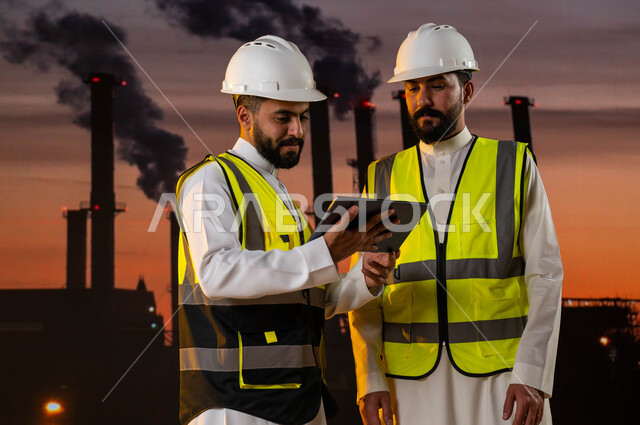 صيانة وتصليح المعامل السعودية، الإشراف على المصانع والمنتجات المحلية, مهندسان عربيان خليجيان سعوديان يرتديان الخوذة وسترة الحماية الخاصة، مراقبة عمل المصنع من الخارج، دمج التقنية والتكنولوججيا مع البيئة العملية, خلفية مصانع متطورة حديثة.