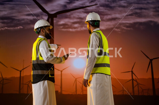  إنتاج الطاقة الكهربائية من طاقة الرياح، تصوير من الخلف لمهندسين عربييين سعوديين خليجيين يرتديان الثوب السعودي مع الخوذة وسترة الحماية الخاصة، دمج التقنية والتكنولوجيا مع البيئة العملية، خلفية توربينات الرياح وطواحين الهواء.