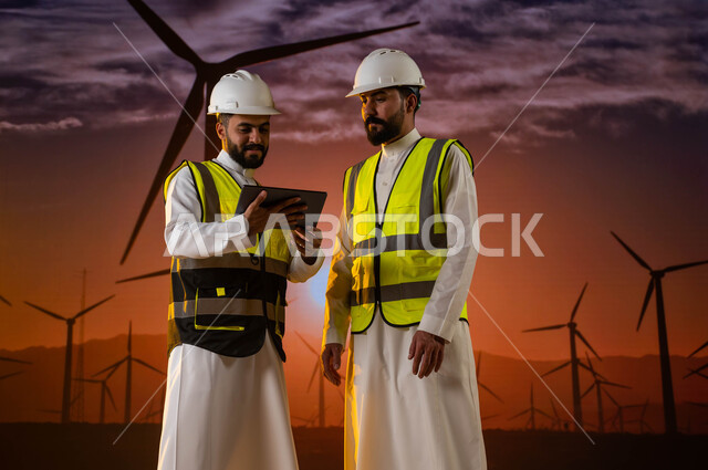 دمج التقنية والتكنولوجيا مع البيئة العملية، مهن ووظائف سعودية، إنتاج الطاقة الكهربائية من طاقة الرياح، مهندسان عربيان سعوديان خليجيان يرتديان الثوب السعودي مع الخوذة وسترة الحماية الخاصة، خلفية توربينات الرياح وطواحين الهواء.