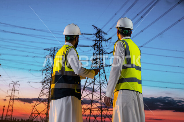 الإشراف وصيانة محطات توليد الكهرباء, مهن ووظائف سعودية, دمج التكنولوجيا مع البيئة العملية، تصوير من الخلف لمهندسي كهرباء عربيين خليجيين سعوديين يرتديان الخوذة وسترة الحماية الخاصة بالعمل, خلفية أعمدة وأسلاك توزيع الكهرباء.