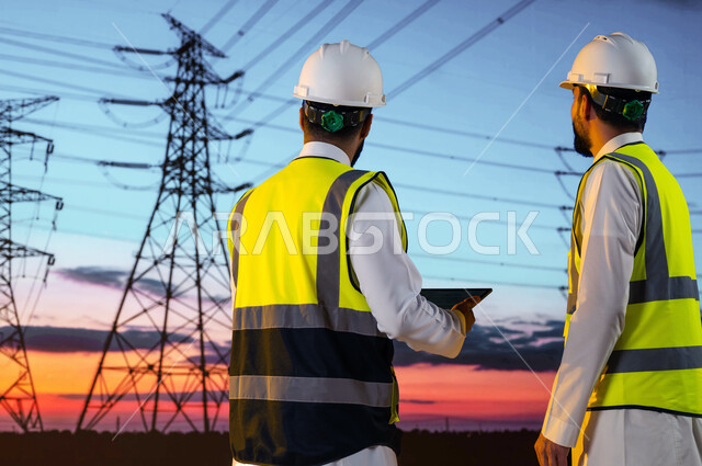 مهن ووظائف سعودية, الإشراف وصيانة محطات توليد الكهرباء, دمج التكنولوجيا مع البيئة العملية، تصوير من الخلف لمهندسي كهرباء عربيين خليجيين سعوديين يرتديان الخوذة وسترة الحماية الخاصة بالعمل, خلفية أعمدة وأسلاك توزيع الكهرباء.