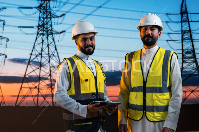 دمج التكنولوجيا والتقنية مع البيئة العملية، مهن ووظائف سعودية, الإشراف وصيانة محطات توليد الكهرباء, مهندسان عربيان خليجيان سعوديان يرتديان الخوذة وسترة الحماية الخاصة بالعمل, خلفية أعمدة وأسلاك توزيع الكهرباء.