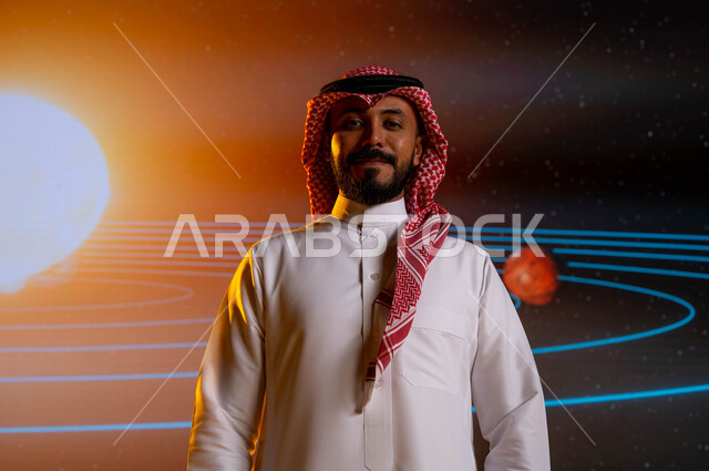 The growth and development of the space sector in Saudi Arabia, a Saudi Arabian Gulf businessman standing in front of a modern electronic screen, future vision 2030, Saudi Arabia’s journey towards outer space, facial gestures indicating happiness, a scree