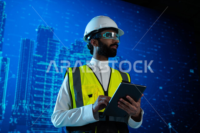 A 3D hologram background for future engineering projects, a Saudi Arabian Gulf engineer wearing virtual reality glasses and using a tablet to follow advanced engineering plans, discovering new designs for Saudi towers and skyscrapers, future vision 2030