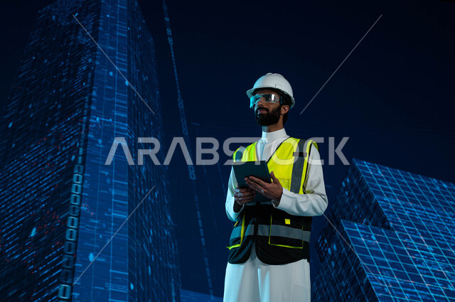 Follow-up of advanced engineering designs and plans for future construction projects in Saudi Arabia through a tablet device, a Saudi Arabian Gulf engineer wearing virtual reality glasses, a 3D hologram background for Saudi towers and skyscrapers, a futur