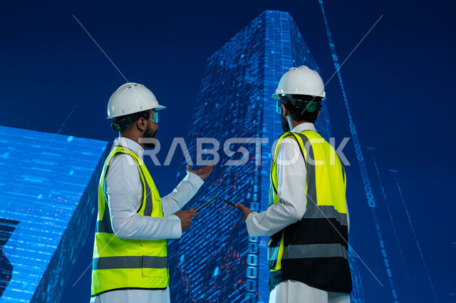 متابعة التصاميم والمخططات الهندسية لمشاريع البناء المستقبلية بإستخدام التابليت، مهندسان عربيان خليجيان سعوديان يرتديان نظارات الواقع الإفتراضي، شاشة هولوجرامية ثلاثية الابعاد للتصاميم الجديدة للأبراج وناطحات السحاب في السعودية، رؤية مستقبلية 2030