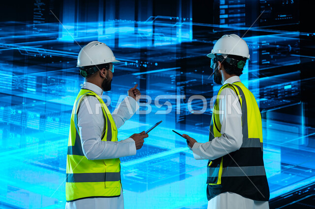 تطوير مجال التصميم الهندسي المعماري، مهندسان عربيان خليجيان سعوديان يرتديان نظارات الواقع الإفتراضي ويستخدمان التابليت، إكتشاف الأشكال والتصاميم الجديدة للمشاريع الهندسية في السعودية من خلال شاشات هولوجرامية ثلاثية الابعاد، رؤية مستقبلية 2030