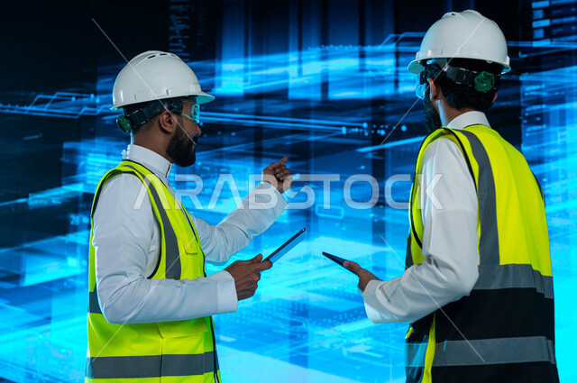 الإبتكار والتطور في الهندسة المعمارية الذكية، إكتشاف الأشكال والتصاميم الجديدة للمشاريع الهندسية في السعودية من خلال شاشات هولوجرامية ثلاثية الابعاد، مهندسان عربيان خليجيان سعوديان يرتديان نظارات الواقع الإفتراضي ويستخدمان التابليت، رؤية مستقبلية 2030