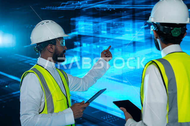 الحداثة والإبتكار والتطور في الهندسة المعمارية الذكية، مهندسان عربيان خليجيان سعوديان يرتديان نظارات الواقع الإفتراضي ويستخدمان التابليت، مناقشة ومتابعة الأشكال والتصاميم الجديدة للعمارة في السعودية من خلال شاشات هولوجرامية ثلاثية الابعاد، رؤية مستقبلية 2