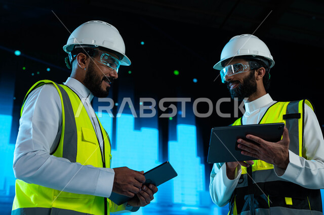 خلفية هولوجرامية ثلاثية الابعاد للابراج وناطحات السحاب السعودية، مهندسان عربيان سعوديان خليجيان يرتديان نظارات الواقع الافتراضي ويستخدمان التابليت في متابعة التصاميم الهندسية المتطورة، دمج التقنية والتكنولوجيا في مجال الهندسة المعمارية، رؤية مستقبلية 2030