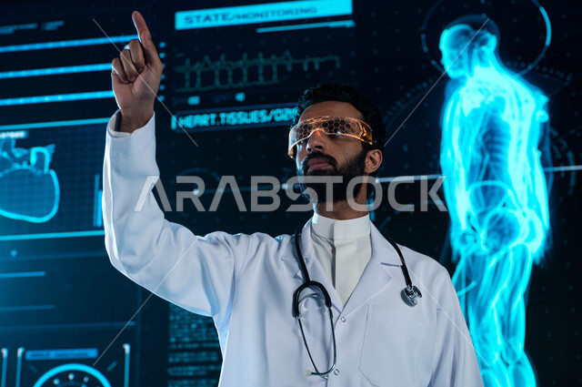 طبيب عربي سعودي خليجي يرتدي نظارات الواقع الافتراضي ويستخدم التكنولوجيا في التحاليل والفحوصات الطبية، تشخيص الحالات المرضية من خلال شاشات إلكترونية حديثة، خلفية هولوجرامية ثلاثية الابعاد لأبحاث الحمض النووي، رؤية مستقبلية 2030