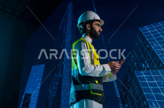 3D hologram background for Saudi towers and skyscrapers, following up and discovering new designs for Saudi buildings, a Saudi Arabian Gulf engineer wearing a jacket and a protective hat and using a tablet, integrating technology and technology in the fie