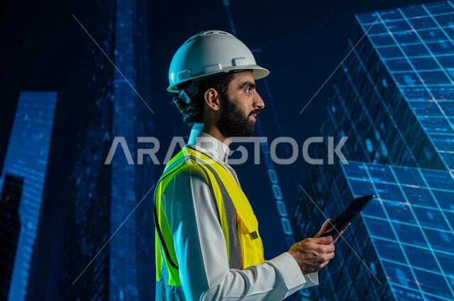 Following up and discovering the new designs of Saudi buildings, a Saudi Arabian Gulf engineer wearing a jacket and protection hat and using a tablet, a 3D hologram background for Saudi towers and skyscrapers, integrating technology and technology in the 