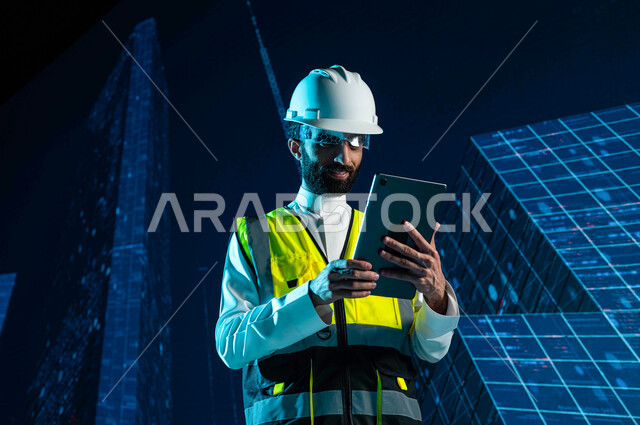 The use of technology in following up on advanced engineering plans, a Saudi Arabian Gulf engineer wearing virtual reality glasses and discovering new designs for Saudi buildings through a tablet, a 3D hologram background for Saudi towers and skyscrapers,