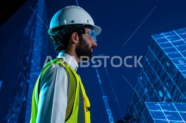 Advanced engineering designs and plans, wearing a jacket and protective hat, a Saudi Arab Gulf engineer wearing virtual reality glasses, a 3D hologram background for Saudi towers, buildings and skyscrapers, integrating technology and technology in the fie