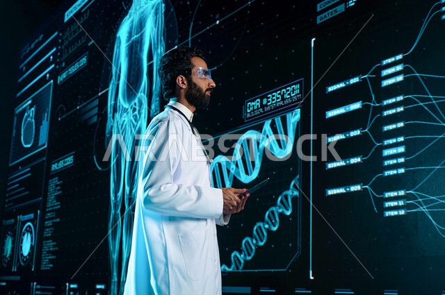 Diagnosis of pathological conditions through modern electronic screens, an Arab Saudi Gulf doctor wearing virtual reality glasses and using technology in medical analyzes and examinations, a 3D hologram background for DNA research, a future vision 2030