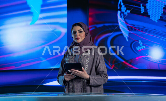 A modern electronic screen background for the news bulletin around the world, a Saudi Gulf Arab broadcaster reading the breaking news brief using the tablet, presenting Saudi and international news and developments, integrating the practical environment w