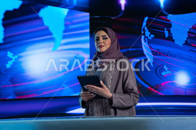وسائل الإعلام التلفزيونية، مذيعة عربية خليجية سعودية تقوم بقراءة موجز الأخبار العاجلة بإستخدام التابلت، تقديم الأخبار السعودية والعالمية ومستجداتها، دمج البيئة العملية مع التقنية والتكنولوجيا، خلفية شاشة الكترونية حديثة للنشرة الأخبارية حول العالم