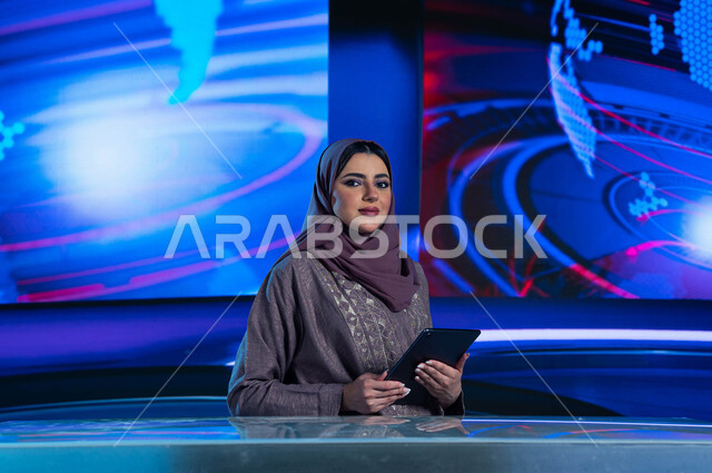 دمج البيئة العملية مع التقنية والتكنولوجيا، مذيعة عربية خليجية سعودية تقوم بقراءة موجز الأخبار العاجلة بإستخدام التابلت، تقديم الأخبار السعودية والعالمية ومستجداتها، وسائل الإعلام التلفزيونية، خلفية شاشة الكترونية حديثة للنشرة الأخبارية حول العالم
