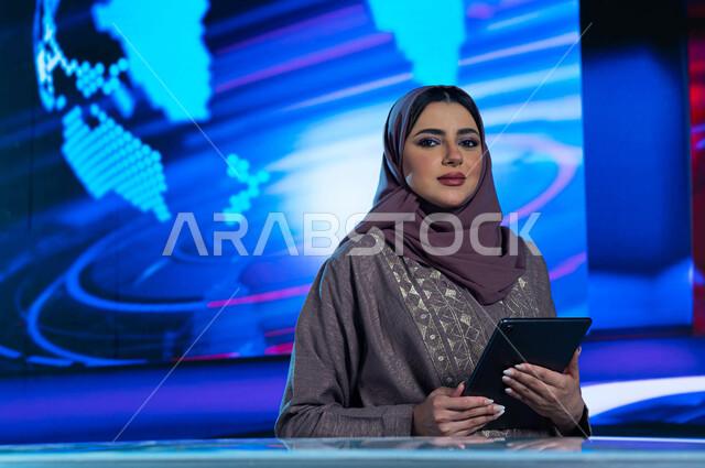 تقديم الأخبار السعودية والعالمية ومستجداتها، مذيعة عربية خليجية سعودية تقوم بقراءة موجز الأخبار العاجلة بإستخدام التابلت، دمج البيئة العملية مع التقنية والتكنولوجيا، وسائل الإعلام التلفزيونية، خلفية شاشة الكترونية حديثة للنشرة الأخبارية حول العالم