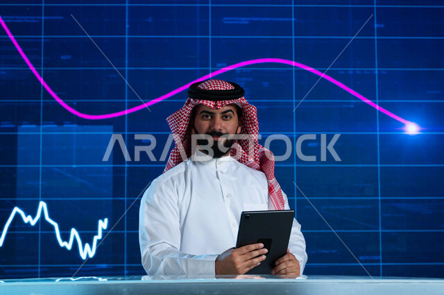 خلفية شاشة إلكترونية حديثة لصعود وهبوط مؤشر الأسهم، مذيع وإعلامي عربي خليجي سعودي يقوم بقراءة الموجز الأخباري من خلال جهاز التابلت، تقديم الأخبار الإقتصادية السعودية، التغيرات الحاصلة في أسعار السلع والثروات، دمج البيئة العملية مع التقنية والتكنولوجيا