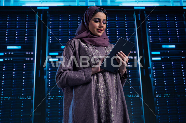 Servers and Internet servers control room, facilitating access to information through database systems, a Saudi Arab Gulf woman controlling websites hosted on servers through a tablet, a 3D hologram background for the data center