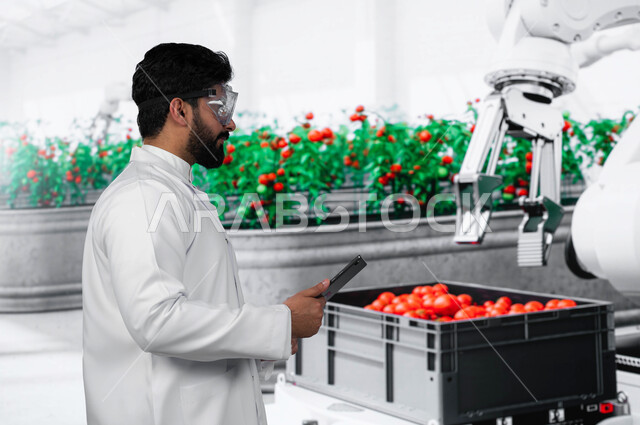 مركز تأمين منتجات زراعية مستدامة لسكان المملكة العربية السعودية, مهندس زراعي عربي خليجي سعودي يستخدم جهاز التابلت في دفيئة زراعية, استخدام الروبوتات في انتاج الطماطم في البيوت المحمية الطبيعية عالية التقنية, زيادة جودة المحاصيل الزراعيه في السعوديه.