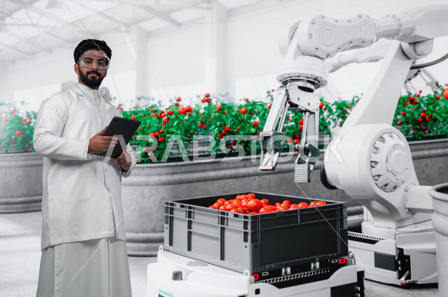 انتاج الطماطم في البيوت المحمية الطبيعية عالية التقنية بإستتخدام الروبوتات, مركز تأمين منتجات زراعية مستدامة لسكان المملكة العربية السعودية, مهندس زراعي عربي خليجي سعودي يستخدم جهاز التابلت في دفيئة زراعية, زيادة جودة المحاصيل الزراعيه في السعوديه.