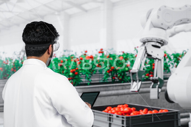 إنتاج الطماطم في البيوت المحمية الطبيعية عالية التقنية, زيادة جودة المحاصيل الزراعيه في السعوديه, صورة من الخلف لمهندس زراعي عربي خليجي سعودي يستخدم جهاز التابلت في دفيئة زراعية, مراكز تأمين منتجات زراعية مستدامة متطورة لسكان المملكة العربية السعودية.