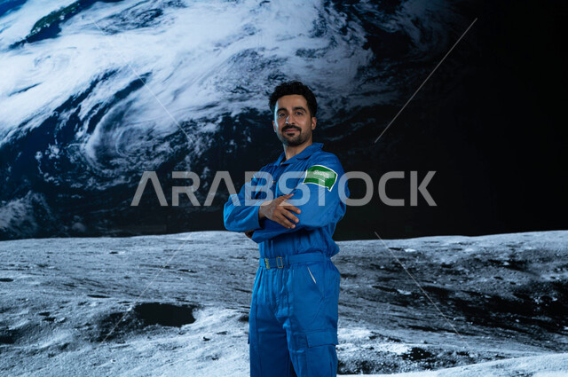 رائد فضاء عربي خليجي سعودي يقف على سطح القمر ينظر الى الكاميرا, رحله السعودية الى الفضاء الخارجي, ايماءات يدين متقاطعة, شعار علم السعودية على البدلة الفضائية الزرقاء, تطور و دعم قطاع الفضاء في الوطن العربي, خلفية هولوجرامية ثلاثية الابعاد للكرة الارضية