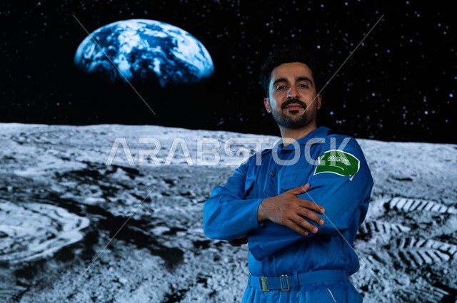 رائد فضاء عربي خليجي سعودي مبتسم في العالم الفضائي, الوقوف بأيدي متقاطعة, رواد فضاء سعوديين, رحله السعودية الى الفضاء الخارجي, شعار علم السعودية على البدلة الفضائية الزرقاء, تطور قطاع الفضاء في الوطن العربي, خلفية هولوجرامية ثلاثية الابعاد لسطح القمر.