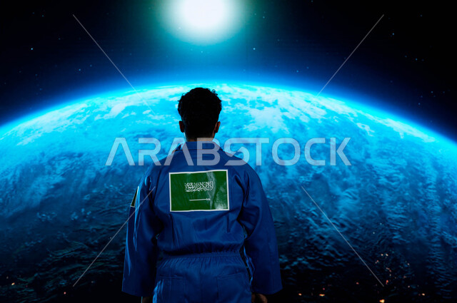 رواد فضاء سعوديين, رحله السعودية الى الفضاء الخارجي, شعار علم السعودية على البدلة الفضائية الزرقاء, صورة من الخلف لرائد فضاء عربي خليجي سعودي في العالم الفضائي, تطور و نمو و دعم قطاع الفضاء في الوطن العربي, خلفية هولوجرامية ثلاثية الابعاد لكوكب الارض.