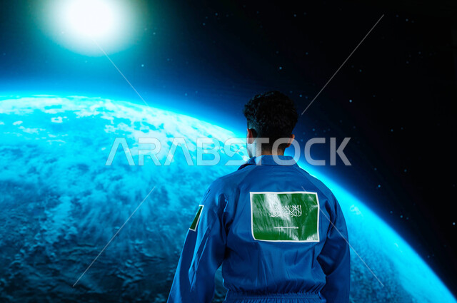 The emblem of the Saudi flag on the blue spacesuit, Saudi Arabia's journey to outer space, a back image of a Saudi Arabian Gulf astronaut in the space world, the development, growth and support of the space sector in the Arab world, Saudi astronauts, a th