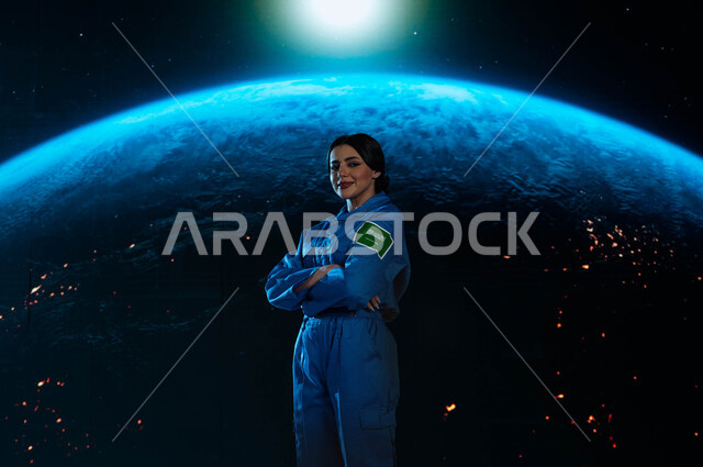 شعار علم السعوديه على البدله الفضائيه الزرقاء, الوقوف بأيدي متقاطعة و النظر الى الكاميرا، رحلة السعودية الى الفضاء الخارجي, خلفية هولوجرامية ثلاثية الابعاد لكوكب الارض, ارتداء بدلة الفضاء السعودية , صورة مقربة لرائدة فضاء عربية خليجيه سعودية في العالم الخ
