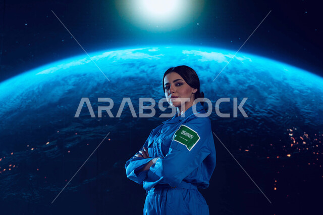 الوقوف بأيدي متقاطعة و النظر الى الكاميرا، رحلة السعودية الى الفضاء الخارجي, خلفية هولوجرامية ثلاثية الابعاد لكوكب الارض, ارتداء بدلة الفضاء السعودية , شعار علم السعوديه على البدله الفضائيه الزرقاء, صورة مقربة لرائدة فضاء عربية خليجيه سعودية في العالم الخ