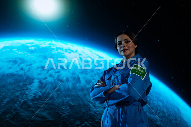 شعار علم السعوديه على البدله الفضائيه الزرقاء, الوقوف بأيدي متقاطعة و النظر الى الكاميرا، رحلة السعودية الى الفضاء الخارجي, خلفية هولوجرامية ثلاثية الابعاد لكوكب الارض, ارتداء بدلة الفضاء السعودية , صورة مقربة  لرائدة فضاء عربية خليجيه سعودية في العالم ال