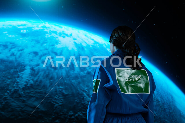 ارتداء بدلة الفضاء السعودية ,شعار علم السعوديه على البدله الفضائيه الزرقاء, رحلة السعودية الى الفضاء الخارجي, صورة من الخلف لرائدة فضاء عربية خليجيه سعودية في العالم الخارجي ,خلفية هولوجرامية ثلاثية الابعاد لكوكب الارض