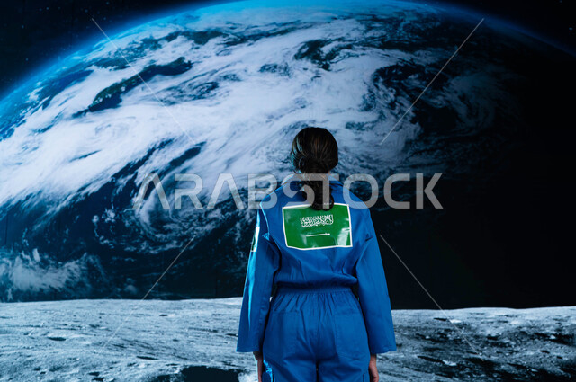 The logo of the Saudi flag on the blue space suit, Saudi Arabia's journey to outer space, a picture from the back of a Saudi Arab Gulf astronaut in the outside world wearing a Saudi space suit, a three-dimensional holographic background of the planet Eart