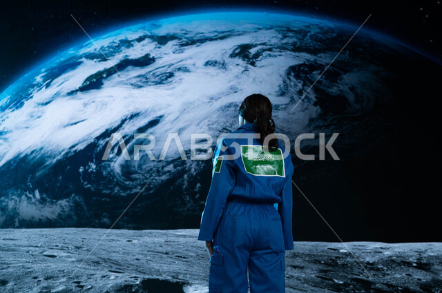 The logo of the Saudi flag on the blue space suit, Saudi Arabia's journey to outer space, a picture from the back of a Saudi Arab Gulf astronaut in the outside world wearing a Saudi space suit, a three-dimensional holographic background of the planet Eart