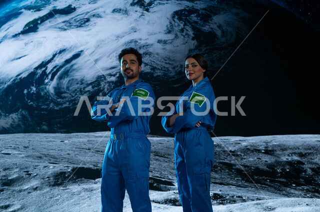 ارتداء بدلة الفضاء السعودية و النظر الى الكاميرا, شعار علم السعوديه على البدله الفضائيه الزرقاء, الوقوف بأيدي متقاطعة, خلفية هولوجرامية ثلاثية الابعاد لكوكب الارض,  رواد فضاء عرب سعوديين خليجيين في العالم الخارجي ،رحلة السعودية الى الفضاء الخارجي