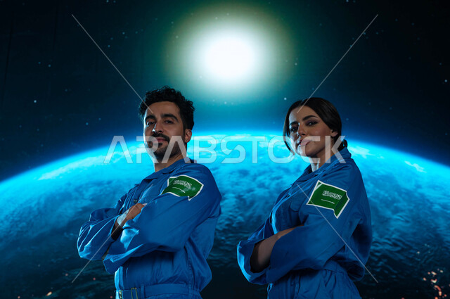 رحلة السعودية الى الفضاء الخارجي, شعار علم السعوديه على البدله الفضائيه الزرقاء, رواد فضاء عرب سعوديين خليجيين في العالم الخارجي يرتدون  بدلة الفضاء السعودية و النظر الى الكاميرا, الوقوف بأيدي متقاطعة,  خلفية هولوجرامية ثلاثية الابعاد لكوكب الارض