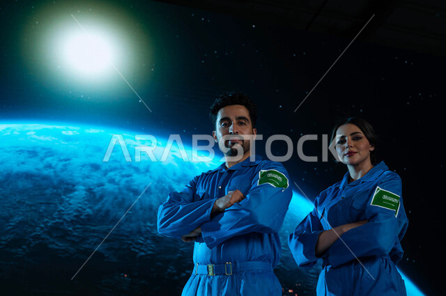 الوقوف بأيدي متقاطعة,  شعار علم السعوديه على البدله الفضائيه الزرقاء,  رواد فضاء عرب سعوديين خليجيين في العالم الخارجي , ارتداء بدلة الفضاء السعودية و النظر الى الكاميرا, رحلة السعودية الى الفضاء الخارجي, خلفية هولوجرامية ثلاثية الابعاد لكوكب الارض