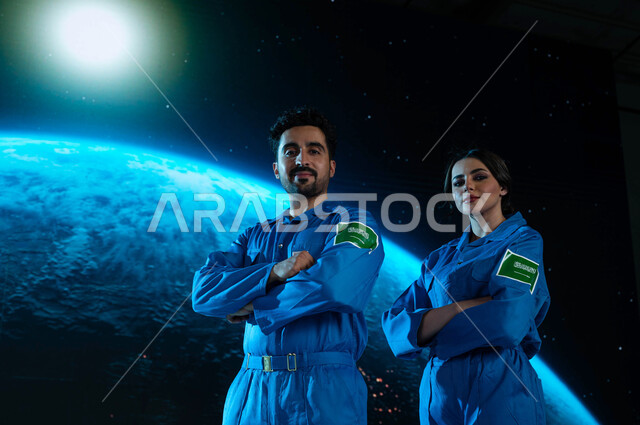رواد فضاء عرب سعوديين خليجيين مبتسمين في العالم الخارجي ,  شعار علم السعوديه على البدله الفضائيه الزرقاء, ارتداء بدلة الفضاء السعودية و النظر الى الكاميرا, رحلة السعودية الى الفضاء الخارجي, الوقوف بأيدي متقاطعة, خلفية هولوجرامية ثلاثية الابعاد لكوكب الارض