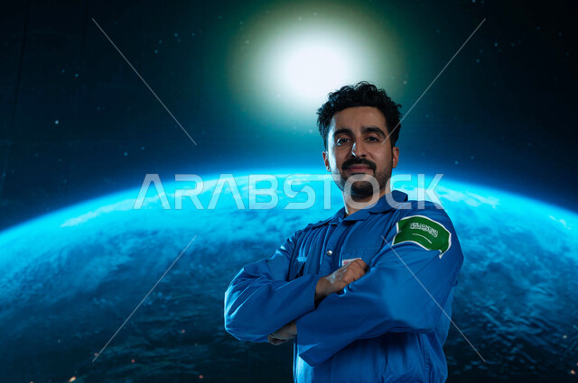 الوقوف بأيدي متقاطعة في الفضاء الخارجي والنظر الى الكاميرا ,رائد فضاء عربي خليجي سعودي على سطح الكوكب ،شعار علم السعوديه على البدله الفضائيه الزرقاء , رحلة السعودية نحو العالم الخارجي, رواد فضاء سعوديين, خلفية هولوجرامية ثلاثية الابعاد لكوكب الارض