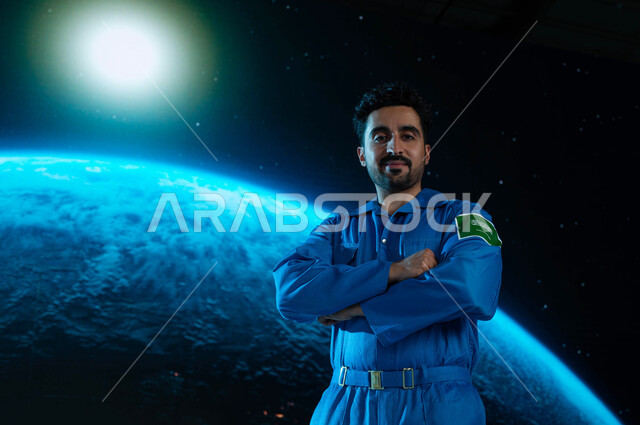 شعار علم السعوديه على البدله الفضائيه الزرقاء, الوقوف بأيدي متقاطعة في الفضاء الخارجي والنظر الى الكاميرا ,رائد فضاء عربي خليجي سعودي على سطح الكوكب, رحلة السعودية نحو العالم الخارجي, رواد فضاء سعوديين, خلفية هولوجرامية ثلاثية الابعاد لكوكب الارض