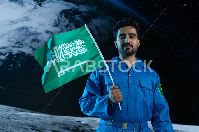 النظر الى الكاميرا, رحلة السعودية نحو العالم الخارجي, رائد فضاء عربي خليجي سعودي يرتدي بدلة الفضاء السعودية يحمل بيده علم المملكة العربية السعودية في الفضاء الخارجي, رواد فضاء سعوديين, خلفية هولوجرامية ثلاثية الابعاد لكوكب الارض
